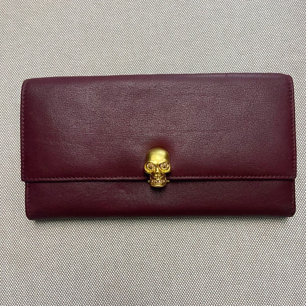 New Alexander McQueen Skull Continental Wallet Burgundy Leather